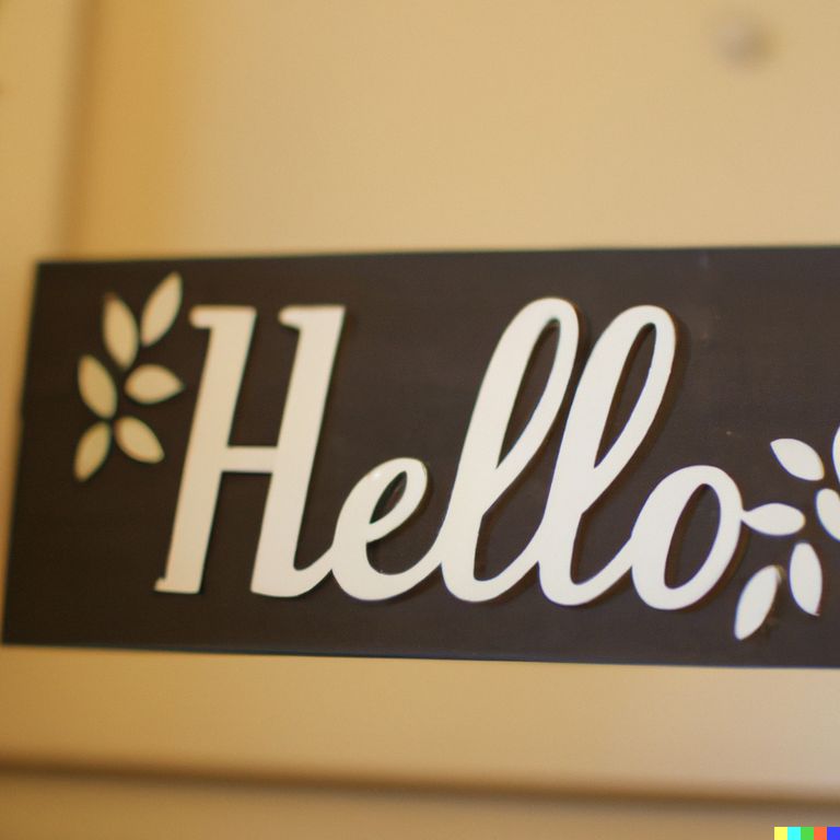 A wooden sign with leafs on it that says hello