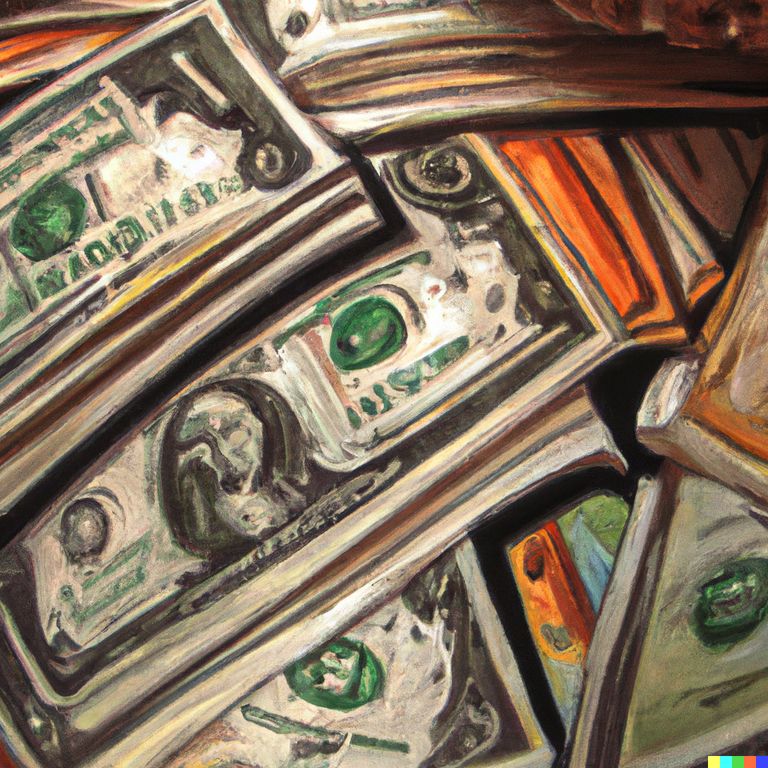 An oil painting of us dollar bills