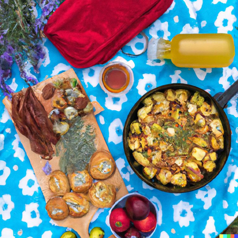 A spread of food on a bright blue spotted picnic blanket